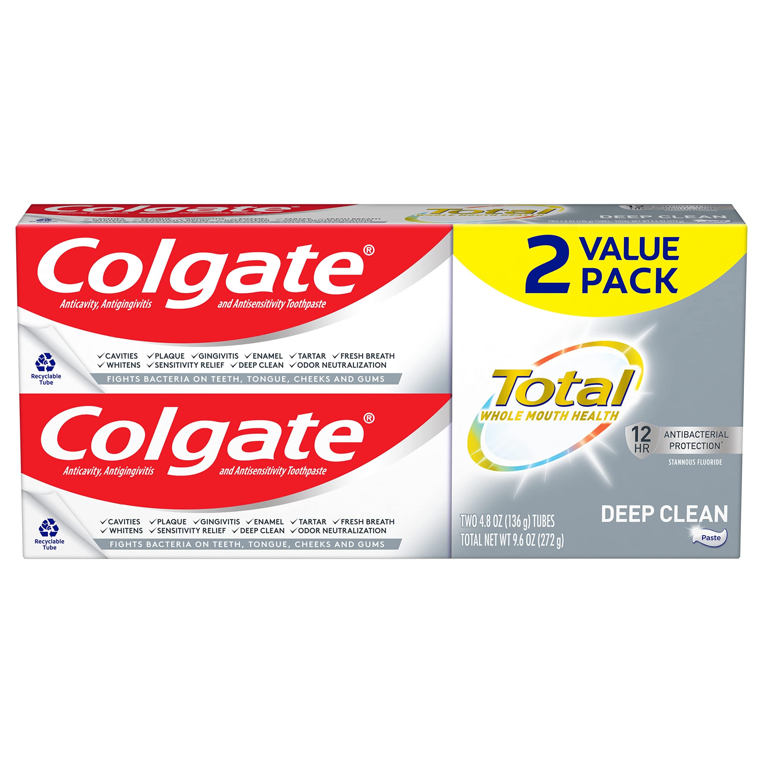 Total Toothpaste with Stannous Fluoride and Zinc, Multi Benefit Toothpaste with Sensitivity Relief and Cavity Protection, Deep Clean - 4.8 Ounce (Pack of 2)