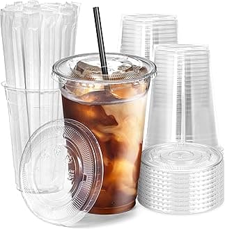 Fit Meal Prep 100 Pack 20 oz Plastic Iced Coffee Cups with Flat Lids and Black Straws, Disposable Clear Cup, BPA Free Cup for Party, Smoothie, Cold Drinks, Juice, Milkshake, Bubble Boba, Tea
