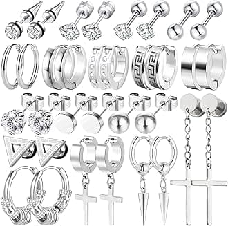17 Pairs Earrings for Men, Stainless Steel Earrings For Men Sensitive Skin, Fashion Earring Piercing Jewelry Cross Dangle Hoop Earrings Kit Studs Long-lasting Shine