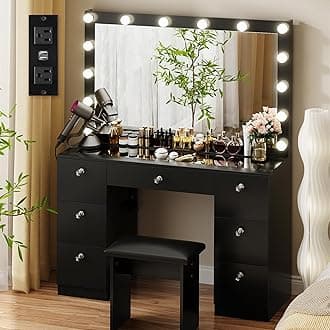 VOWNER Vanity with Lighted Mirror - Makeup Vanity Desk with Glass Top, 7 Drawers and Power Outlet, 3 Color Lighting Modes Adjustable Brightness, 44" Vanity Table with Stool for Women Girls, Black