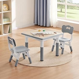 Kids Study Table and Chairs Set, Height Adjustable Toddler Table and Chair Set for Kids Ages 3-8, 23.6" L x 23.6" W Graffiti Desktop Plastic Children Art Table with 2 Seats, W-Grey