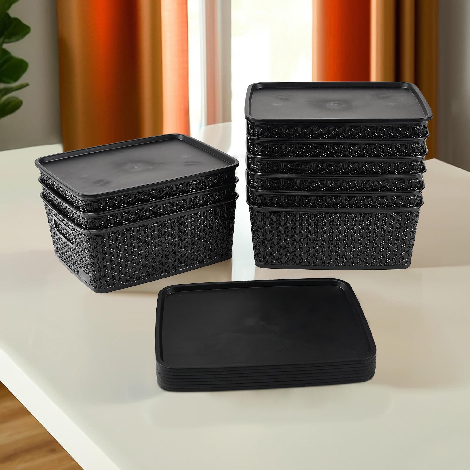 Kuber Industries 9 Pcs Stackable Plastic Storage Box with Lid | H3 Multi-Purpose Basket for Storage - Ideal Home Organizers for Baby Dress, Stationary, Medicine & Pooja Items | Black
