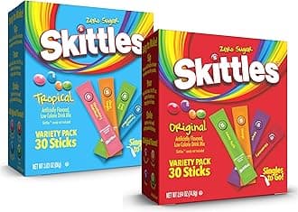 Skittles Singles To Go Tropical & Original Flavors Variety Pack, Watertok Powdered Drink Mix, Zero Sugar, Low Calorie, Includes 4 Tropical Flavors & 4 Original Flavors, (60 Single Servings)