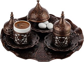DEMMEX Turkish Coffee Serving Set for Two – Hand-Decorated Cups with Saucers, Lids, Sugar Bowl and Ornate Tray – Authentic Gift Set Made in Turkey (Antique)