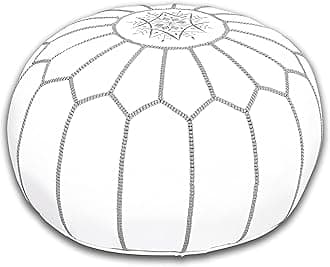 Genuine Leather Round Pouf Unstuffed - Moroccan Ottoman Footstool, Footrest Cover - Boho Decor - Bohemian Living Room, Bedroom, Kids Room, Gift & Wedding (White by Grey)