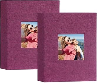 Artmag Mini Photo Album 4x6 50 Pockets 2 Pack, Linen Cover with Front Window Album Each Holds 52 Vertical Photos for Family Wedding Baby Children (Purple)