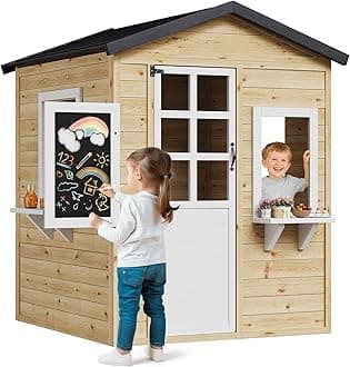 Wooden Playhouse for Kids Outdoor with Chalkboard, Wooden Kids Playhouse Cottage with Windows, Flowerpot Holders and Working Door for Outdoor Imaginative Play, 44.9''x45.7''x55.5'', Natural