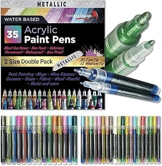 ArtShip Design 35 Metallic Acrylic Paint Pens, Double Pack of Both Extra Fine and Medium Tip Paint Markers, for Rock Painting, Mug, Ceramic, Glass, and More, Water Based Non-Toxic and No Odor