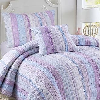 Cozy Line Home Fashions Raelynn Romantic Lace Light Lavender Orchid Blue Flower Print Stripe Cotton 3D Bedding Quilt Set, Reversible Coverlet, Bedspread for Girls Women (King - 3 Piece)