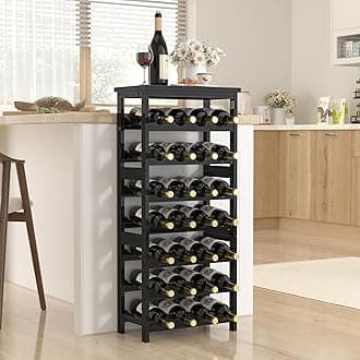 28-Bottle Wine Rack Free Standing Floor, Solid Wood 7-Tier Display Wine Storage Shelves with Tabletop, Wobble-Free Bottle Holder for Cellar Kitchen Bar Dining Room Living Room, Black