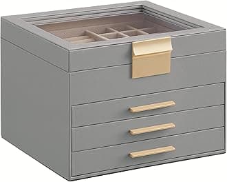 SONGMICS GISELLA Collection - Jewelry Box Organizer, 4-Layer Jewelry Storage with 3 Drawers, Shiny Metal Hardware, Glass Lid, Modern, 8 x 9.1 x 6.5 Inches, Dove Gray and Gold Color UJBC173G01