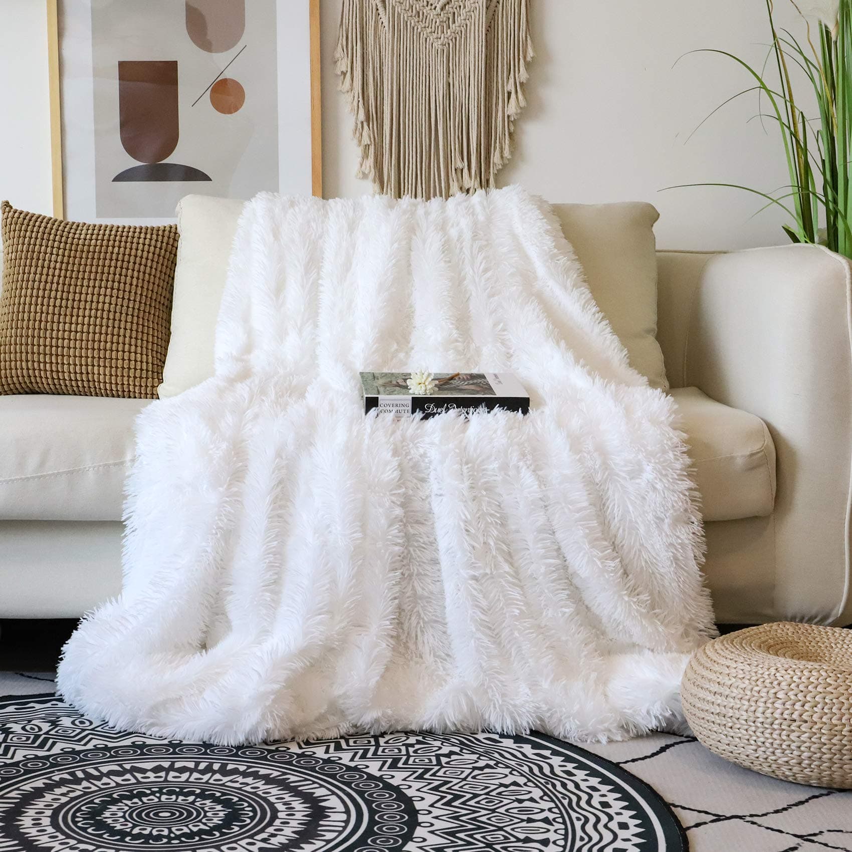 Decorative Extra Soft 100% Polyester Blanket Queen Size 80"x90",Solid Reversible Fuzzy Fluffy Plush Fur Blanket for Couch Sofa Bed,Pure White