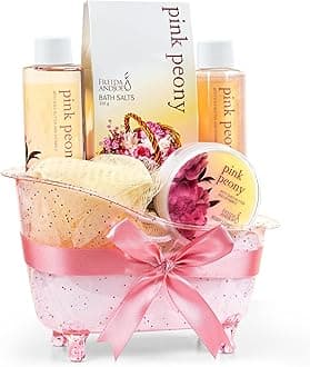 Home Spa Gift Basket Peony Spa Set For Women, Contains Shower Gel, Bubble Bath, Body Lotion, Peony Bath Salt & Puff in a Pink Feminine Tub – Mother's Day Gift for Mom