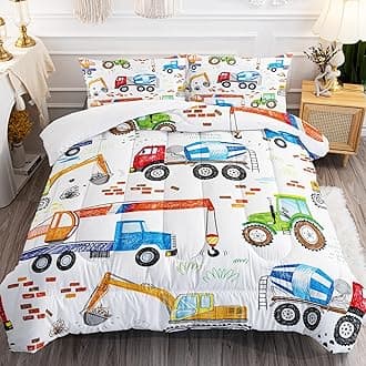 Boys Construction Comforter Set Machinery Truck Bedding Set for Kids Teens Engineering Vehicle Down Comforter Hand Drawn Car Excavator Quilt Tractor Duvet 3 Piece Full Size
