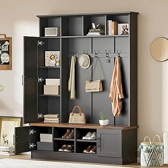 Farmhouse Wood Hall Tree with Shoe Bench and 2 Drawers, 4-in-1 Coat Rack with 6 Hooks for Entrance, Hallway, Mudroom Black