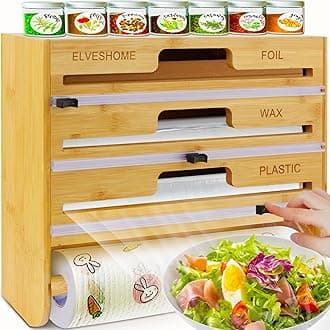 5 in 1 Foil and Plastic Wrap Organizer with Cutter, Plastic Wrap Food Dispenser with Paper Towel Holder for 12 inch Roll Wax Paper Parchment, Wall Mount Aluminum Foil Dispenser for Kitchen Storage