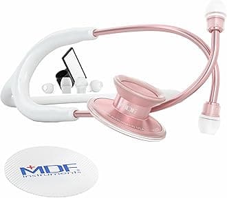 MDF Instruments, Acoustica Lightweight Stethoscope for Doctors, Nurses, Students, Home Health Use, Adult, Dual Head White Tube, RoseGold Chestpiece-Headset, MDF747XPRG29