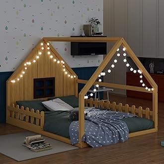 Full Size House Bed for Kids, Wood Montessori Floor Bed with LED Light Toddler Floorbed with Fence and Window, Toddler Bedframe for Girls Boys, Natural