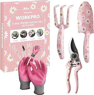 Aluminum Garden Tool Set, 4PCS Heavy Duty Gardening Tools with Box Include Trowel, Rake, Pruner, Gloves, Pink, Garden Gifts-Pink Ribbon