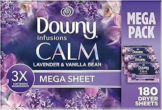 Downy Infusions Mega Dryer Sheets, Laundry Fabric Softener, CALM, Lavender and Vanilla Bean, 180 Count