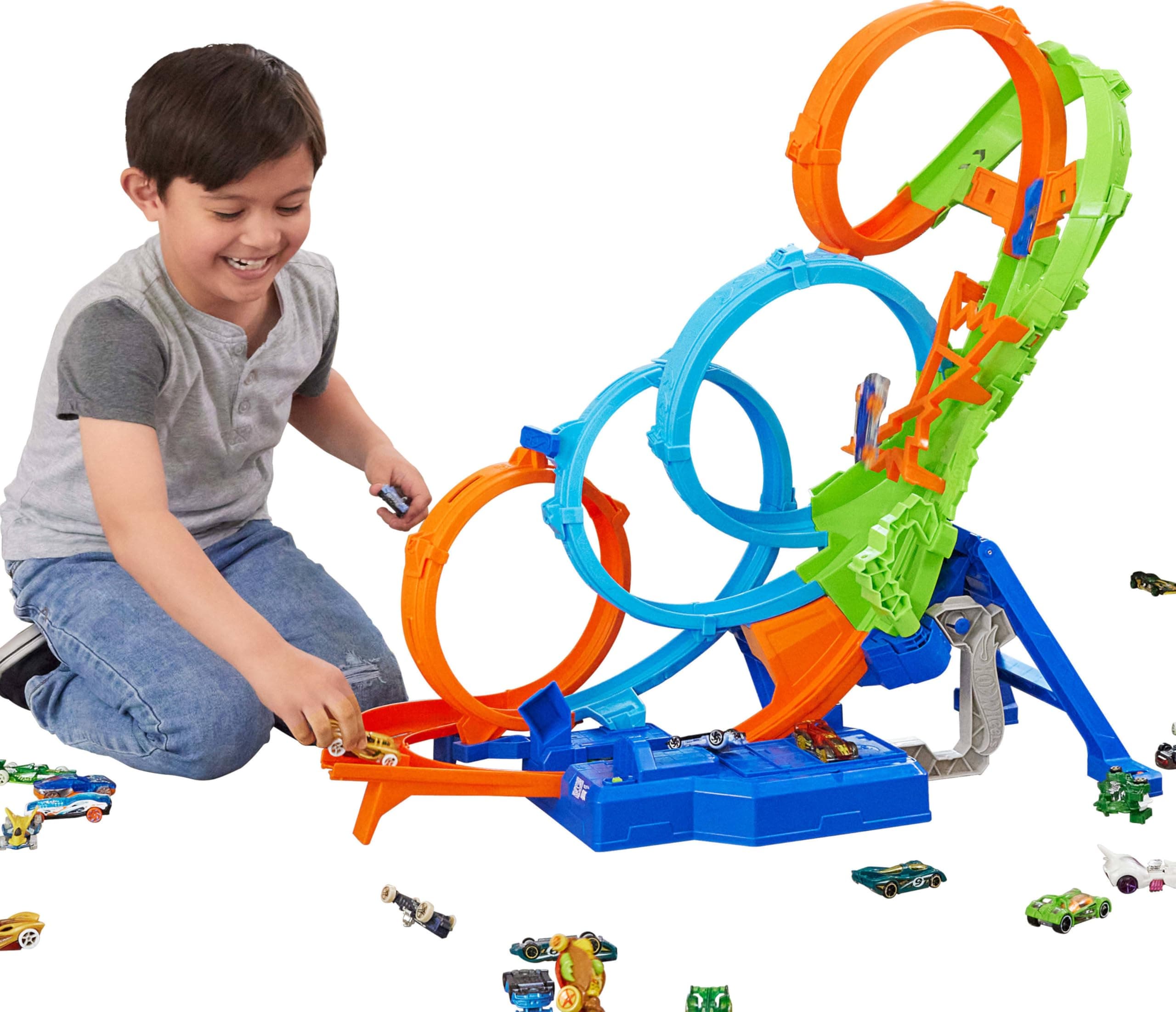 Track Set with 4 Loops, 3-Way Crash Zone & Motorized Booster, Folds for Storage, With 1:64 Scale Toy Car, HXT06