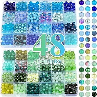 XSEINO About 1200PCS 8mm Glass Beads Bracelet Making Kit,48 Assorted Dreamy Blue Ocean and Green Series Colorful Crystal Beads for Making and DIY Crafts