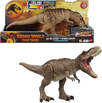 Jurassic World Mattel All-Out Attack Tyrannosaurus Rex Dinosaur Action Figure Toy, T. rex with Rampage Attack, Chomp & Roar & Evolved Spikes, Digital Play