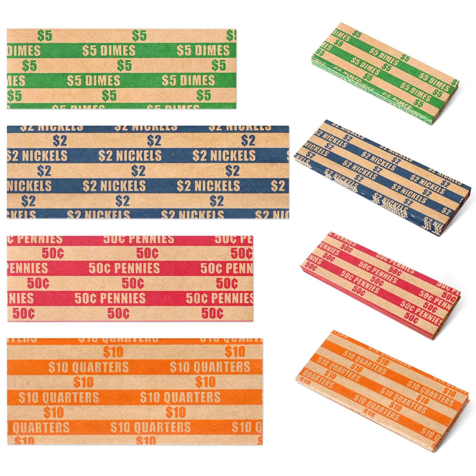 ESSENTIAL 100 pcs Assorted Packed Flat Stripped Coin Wrappers, Coin Rolls Wrapper for Quarters, Dimes, Nickels, Pennies