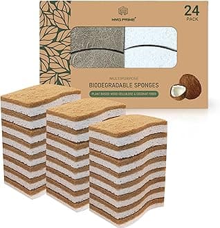 Natural Kitchen Sponge –24-Pack Biodegradable Sponges for Dishes –Compostable Dish Washing Scrubbers – Eco Friendly Non-Scratch Cellulose & Coconut Husk Scrubber Sponges for Cleaning