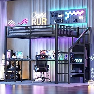 Full Size Loft Bed with Desk and Stairs, Gaming Loft Bed with RGB LED Light and Storage, Heavy-duty Metal Lofts Beds Frame with Wardrobe, Shelves and Charging Station for Adults Kids Teens, Black