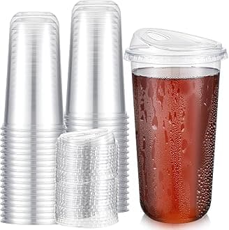 50 Sets Clear Plastic Coffee Cups with Sip Lids, Disposable Plastic PET Crystal Cups for Iced Coffee, Smoothie, Cold Beverage, Drink Shops and Party Catering(Clear,20 oz)
