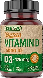 DEVA Vitamin D3 5000 IU, Sunshine Supplement, 125 mcg of Vegan D3, 90-Count Bottle