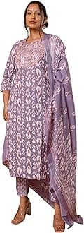 MIRCHI FASHION Women's Straight Fit Cotton Ikat Printed Sequins Embroidered Kurta Set with Dupatta and Trouser