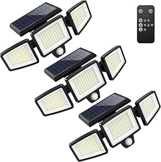 Solar Outdoor Lights 2500LM 210 LED Security Lights with Remote Control,3 Heads Motion Sensor Lights, IP65 Waterproof,270° Wide Angle Flood Wall Lights with 3 Modes(3 Packs)