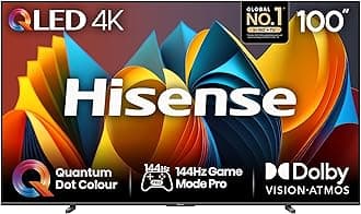 Hisense 100 Inch 4K QLED Smart TV 100E7NQTUK - Quantum Dot Colour, 4K AI Processor, Dolby Vision Atmos, Smooth Motion, Sports Mode, Vidaa OS with Freely, Youtube, Netflix and Disney+ (2024 Model)