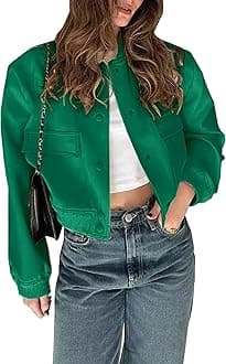 Womens Cropped Bomber Jacket Button Down Varsity Jackets Shackets with Pockets