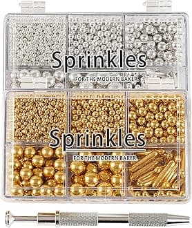 Kasvan Gold and Silver Sugar Sprinkles - Edible Candy Pearls with 4-Claw Sprinkle Pen,8.32Oz, Gift Box Pack, Baking Cake Decorations, Ice Cream Toppings and Cookie Decorating, Wedding Party Chirstmas Supplies
