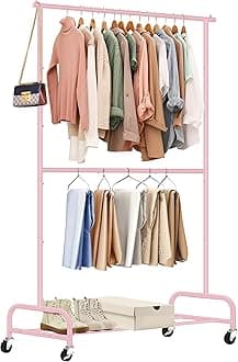 SLEEPING LAMBDouble Rod Heavy Duty Clothes Racks for Hanging Clothing, Metal Rolling Garment Rack With Wheels Clothes Hanger Rack Wardrobe Racking for Coats, Shirts (Pink)