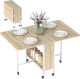 HOMCOM Mobile Drop Leaf Table, Folding Dining Table with 6 Wheels & Storage Shelf for Small Spaces, Kitchen, Dining Room, Natural Wood Finish