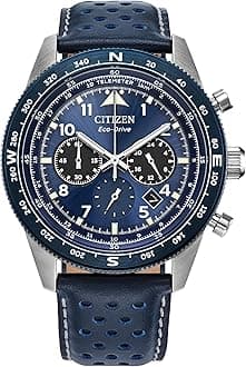 Citizen Men's Eco-Drive Weekender Sport Casual, Silver-Tone Stainless Steel Watch, Blue Leather Strap, Chronograph (Model: CA4557-01L), Blue, Sport Casual