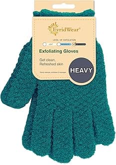 Evridwear Exfoliating Dual Texture Bath Gloves for Shower, Spa, Massage and Body Scrubs, Dead Skin Cell Remover, Gloves with Hanging Loop (1 Pair Deep Lake Heavy Glove)