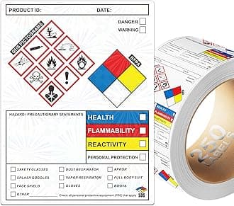 SDS Label Stickers 4 x 3 Inches, Roll of 250 MSDS OSHA Data Stickers with GHS Pictograms & Perforated Edges for Easy Separating | HMIS & Hazard Compliant | Secondary Containers for Chemical Safety