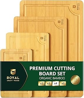 ROYAL CRAFT WOOD Wooden Cutting Boards for Kitchen Meal Prep & Cutting - Bamboo Wood Cutting Board Set with Deep Juice Groove Side Handles - Charcuterie & Chopping Butcher Block for Meat (4 Pcs)