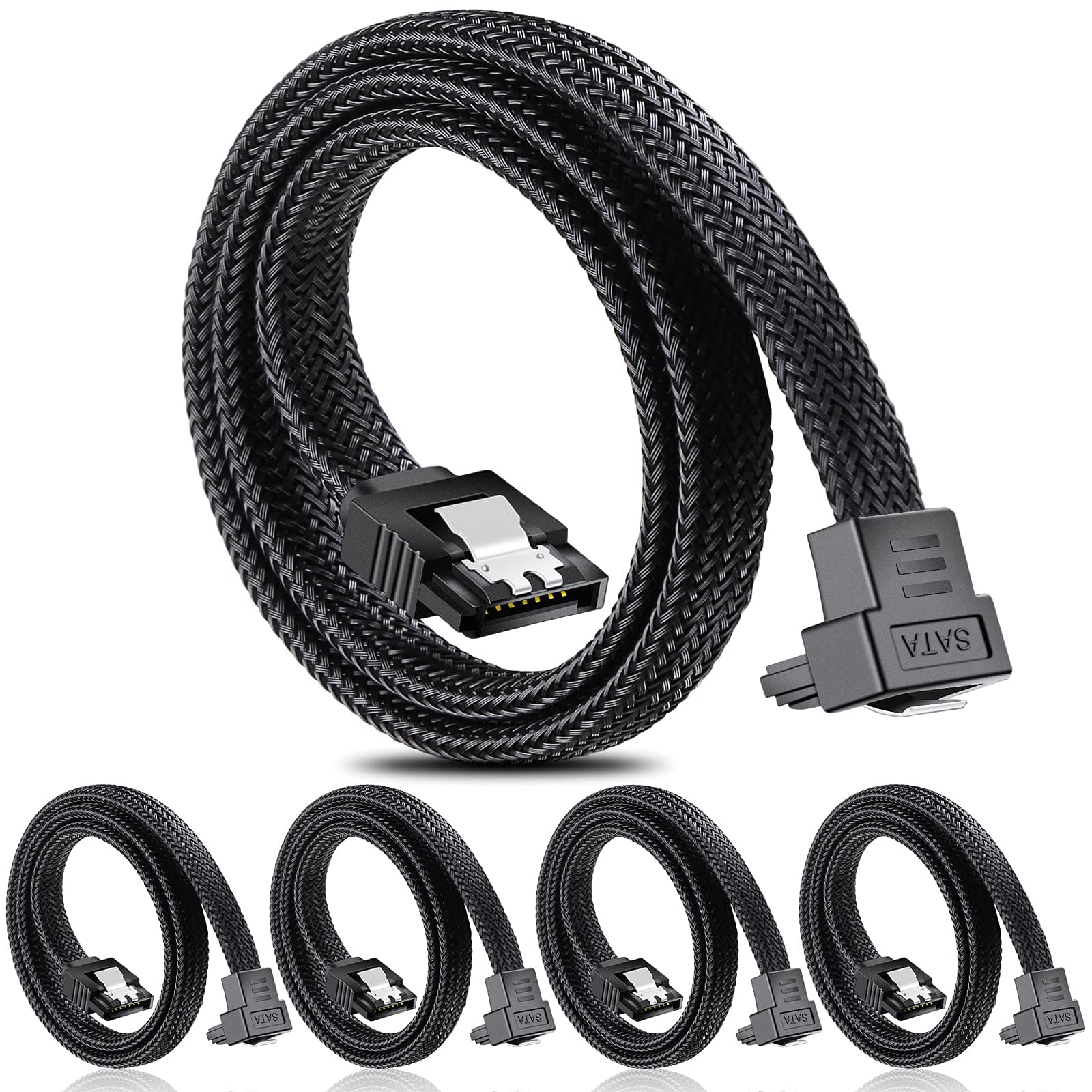 SATA III Cable,Electop 6Gbps 90 Degree Right Angle HDD SDD Data Cable, SATA 3.0 Nylon Braided Cable with Locking Latch for SATA HDD, SSD, CD Driver, CD Writer(20 Inch, Black,5 Pack)