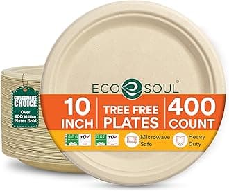 ECO SOUL 100% Compostable Paper Plates 10 Inch [400-Pack] Biodegradable Heavy Duty Eco-Friendly Disposable Plates for Christmas Dinner, Parties, Wedding & Event