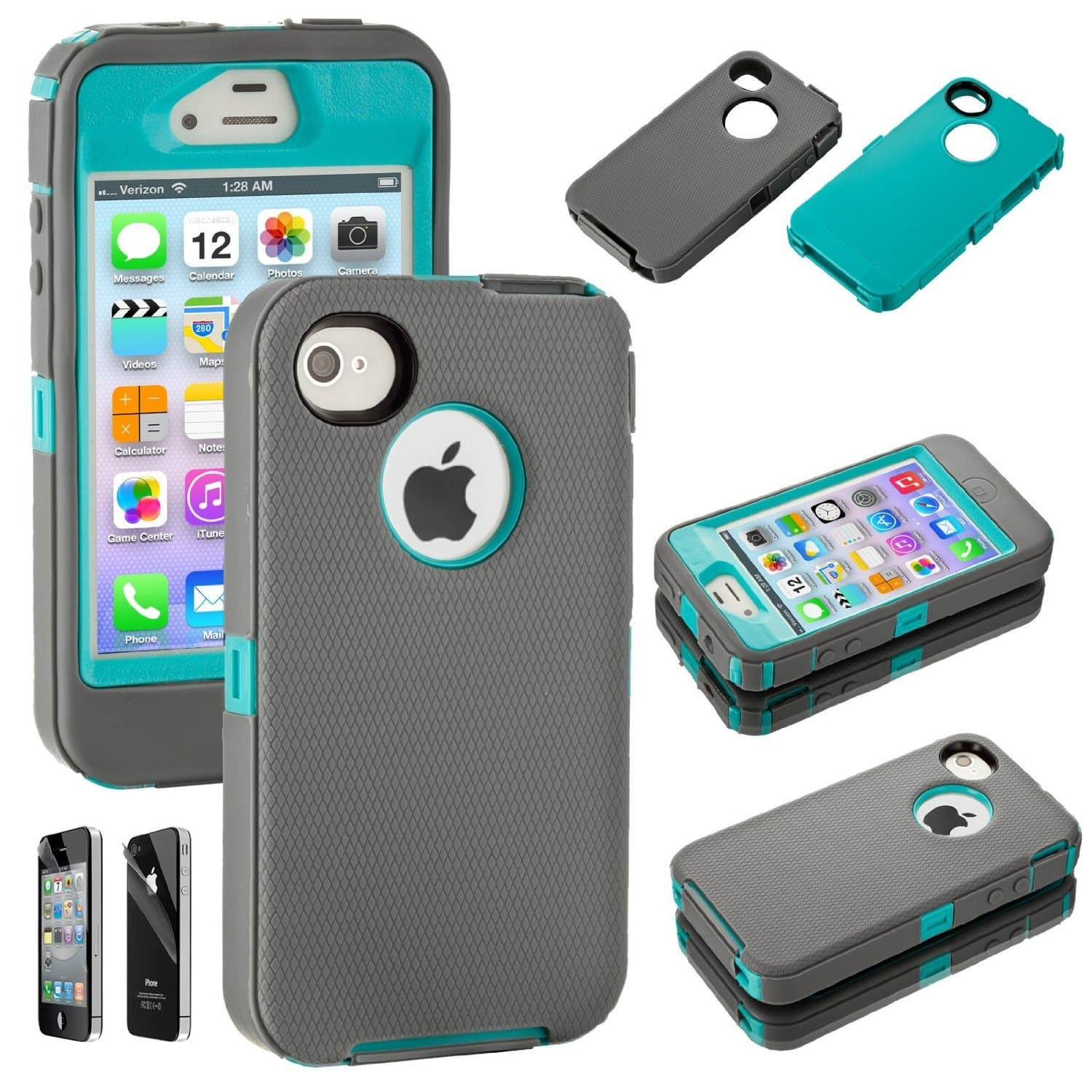 CWAccessories (TM) Grey/Teal 2 Layers Silicone PC Case Hard Cover for Apple iPhone 4 4G 4S Free Screen Guard