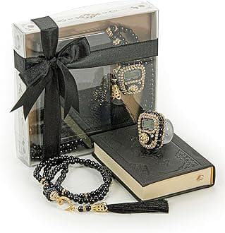 İhvan Online Medina Calligraphy Quran Set with Islamic Finger Counter, Portable Digital Prayer Tasbeeh, Pearl Zikirmatic Beads, 3 Pieces Gift for Ramadan & Eid & Mevlüt (Black)
