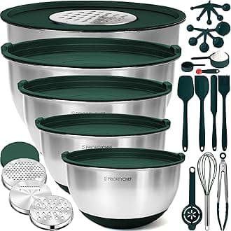 Priority Chef Stainless Steel Mixing Bowls with Lids Set, Metal Nesting Bowls with Airtight Lids, Graters, Non-Slip Base & Measurement Marks, Includes Utensil Set for Prep, Baking & Storage, Green