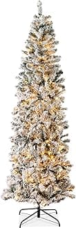 Flocked Pencil Christmas Tree, Pre-Lit Slim Artificial Holiday Decoration, 12ft Lighted Skinny w/Base, Warm White Lights