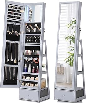 Nicetree 360° Swivel Jewelry Cabinet with Lights, Mirror Jewelry Cabinet Standing, Interior Vanity Mirror, Rotatable Full Length Mirror with Jewelry Storage, Standing Jewelry Armoire Organizer, Grey